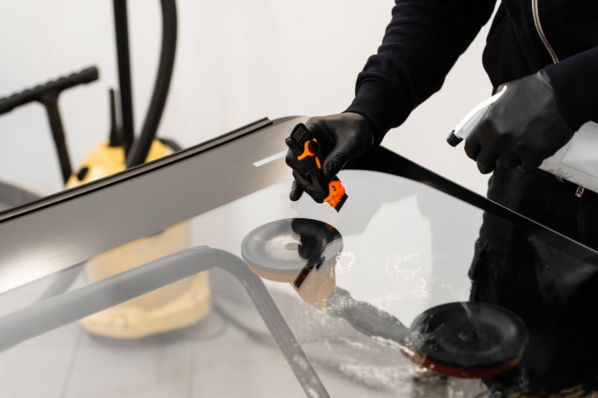 Technician cleaning the surface of a newly fitted windscreen